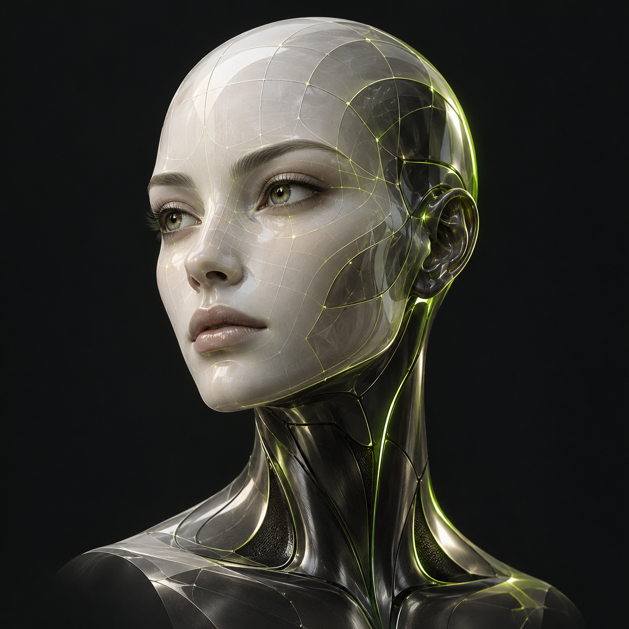 Synthetic avatar with translucent facial geometry and fine lime-colored topology lines